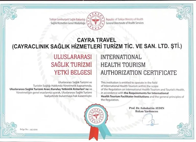 Certificate of the Turkish Ministry of Health &mdash; authorization for international medical tourism